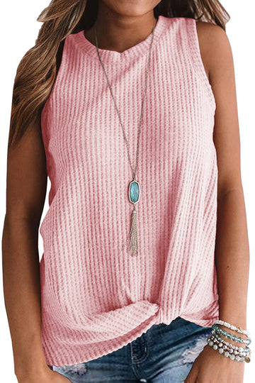 Solid Waffle Knit Tunic Casual Blouse Cute Twist Knot Tank